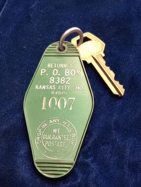 Green Vintage Motel Key Tag with Brass Key From Downtown KC, MO